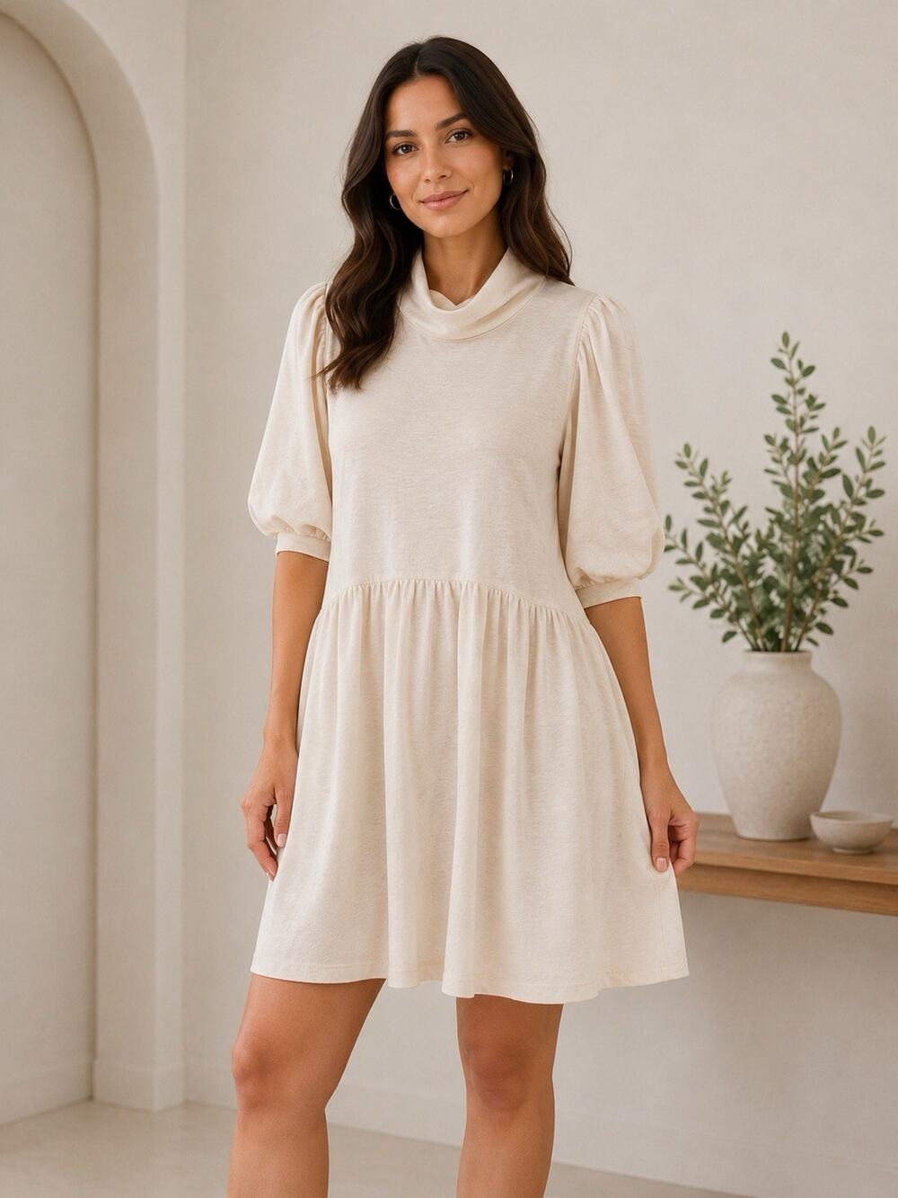 Free People Beach Linen Blend Babydoll Mini Dress Puff Sleeve Medium